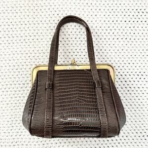 After Five Brown Reptile Textured Leather Framed Small Evening Bag Vintage